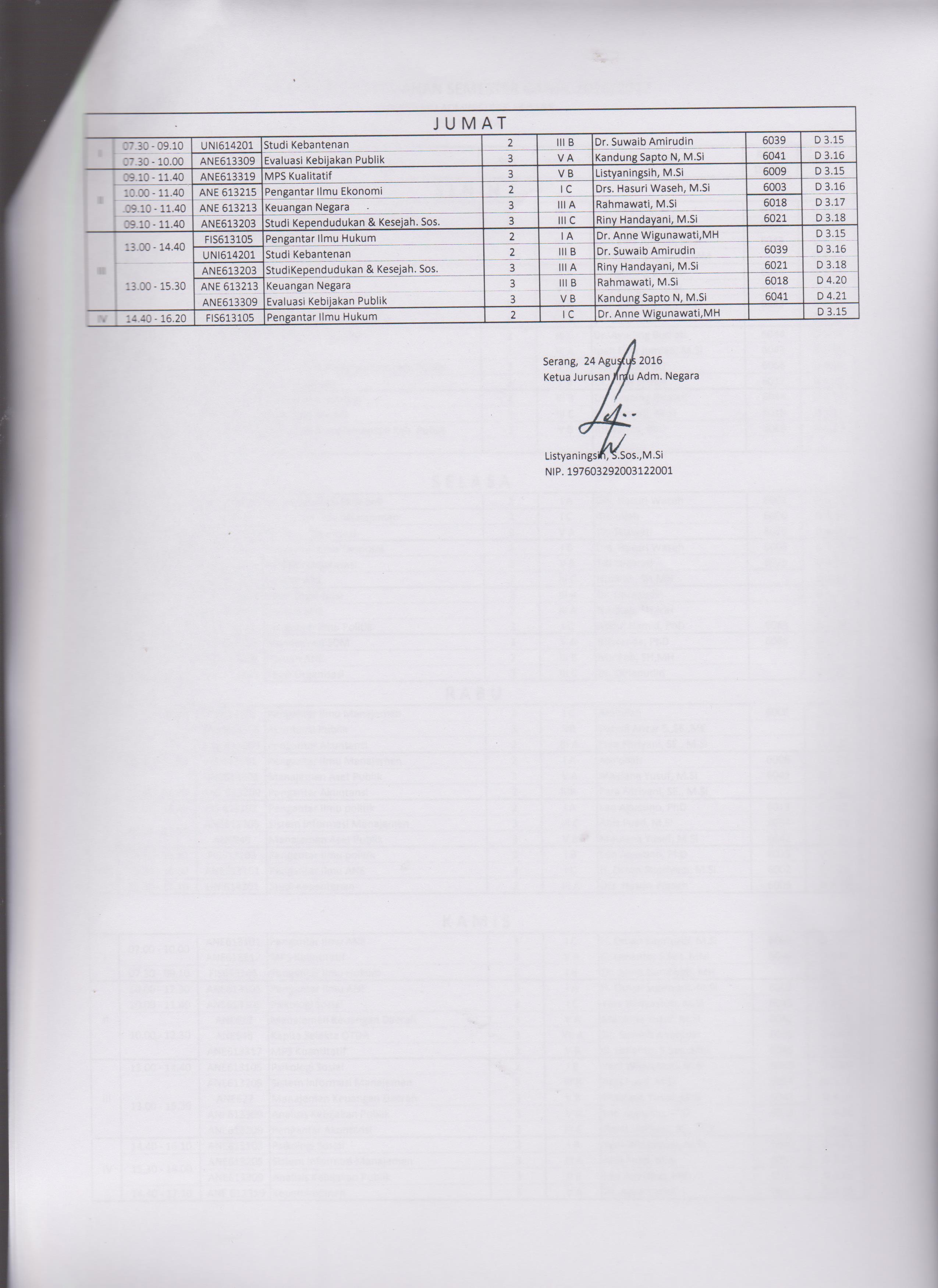 Jadwal Kuliah Semester Ganjil 2016/2017 (Update Per 31 Agustus 2016)