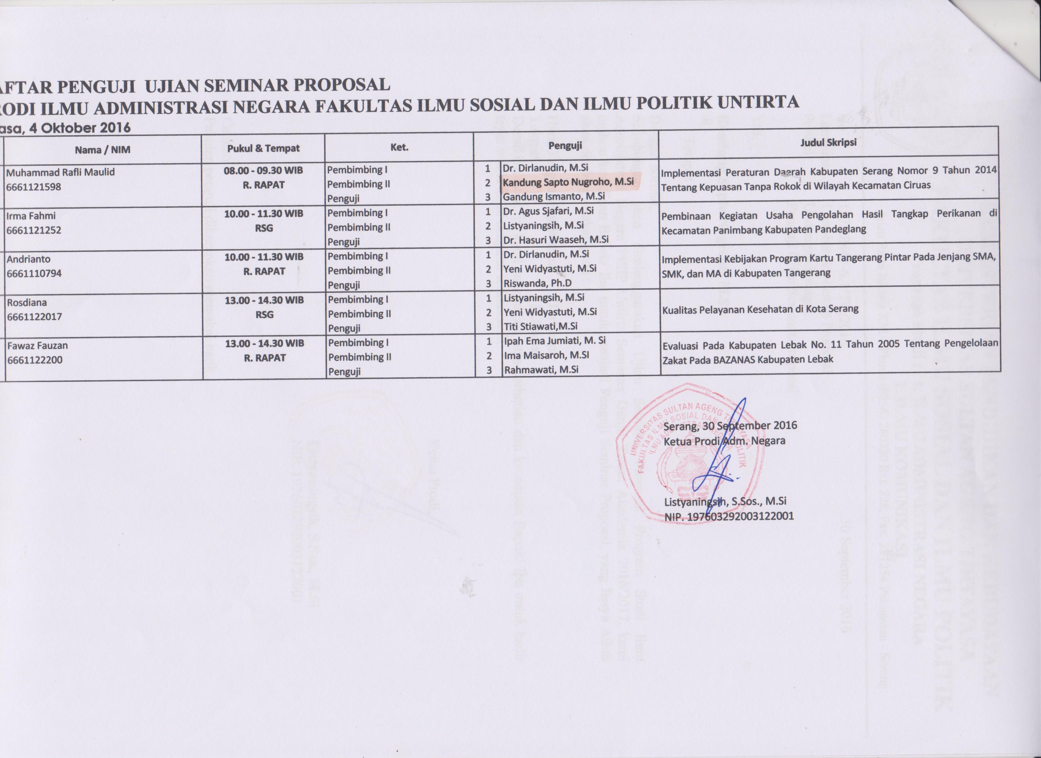 Daftar Penguji Ujian Seminar Proposal 4 Oktober 2016