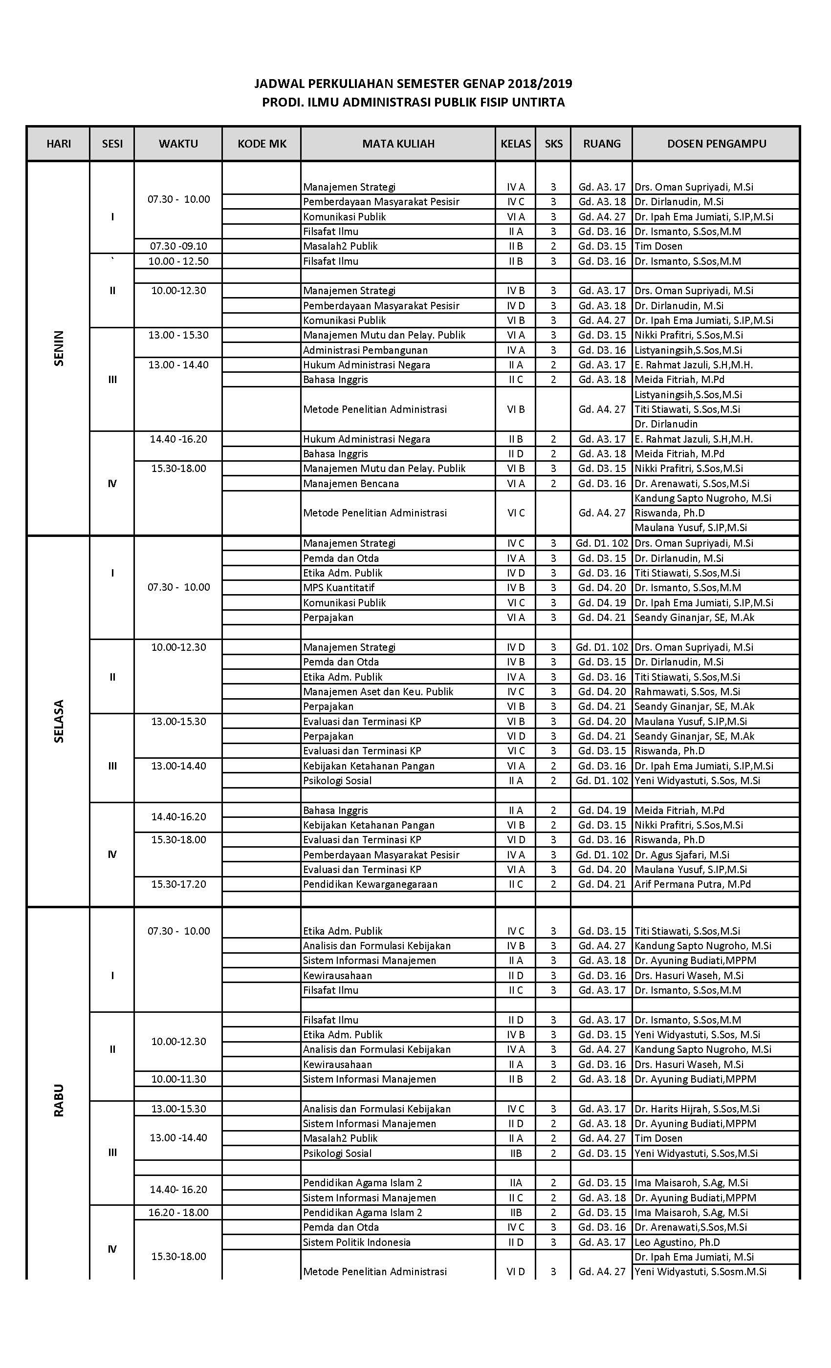 Jadwal Perkuliahan Semester Genap 2018/2019 (Update 28 Januari 2018)